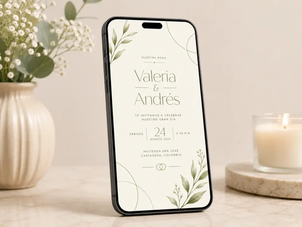 Invitación digital de boda con diseño minimalista elegante en tonos marfil y verde olivo