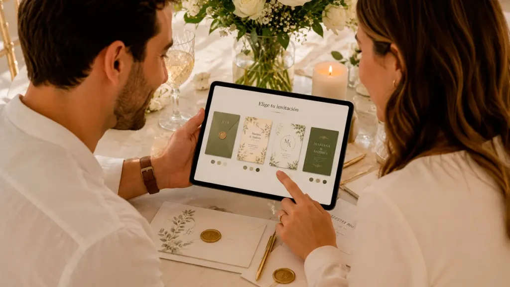 Pareja eligiendo una invitación digital para su boda