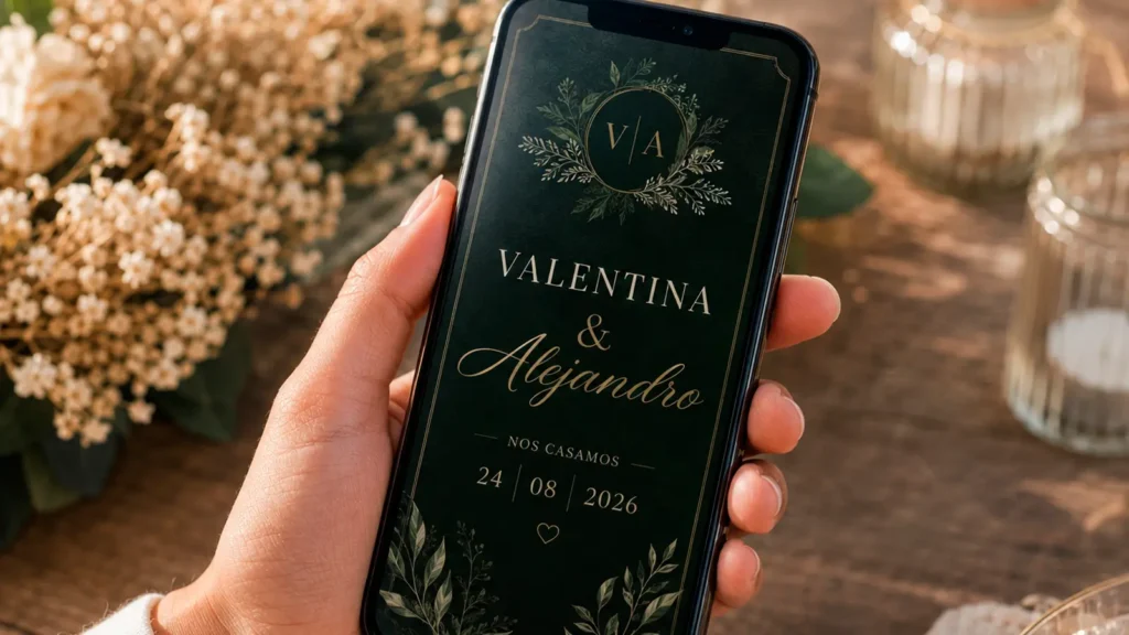 Invitación digital elegante para una boda vista en la pantalla de un celular