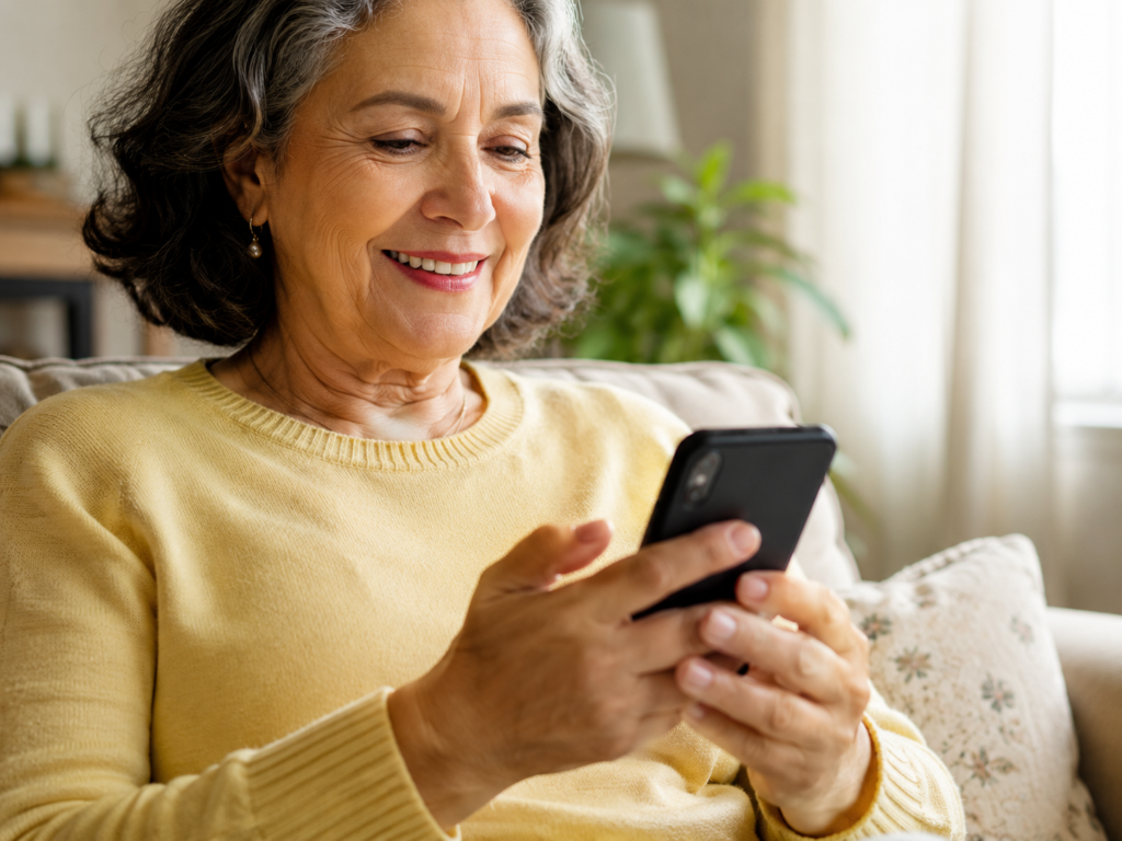Mujer mayor revisando en su celular una invitación digital de boda recibida por WhatsApp