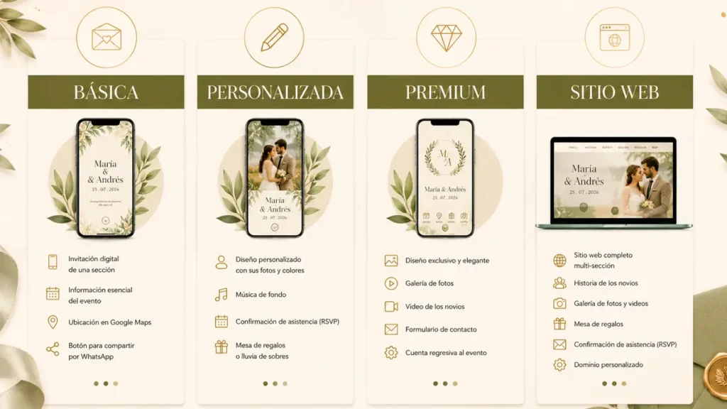 Tabla de precios de invitaciones digitales para boda en Colombia