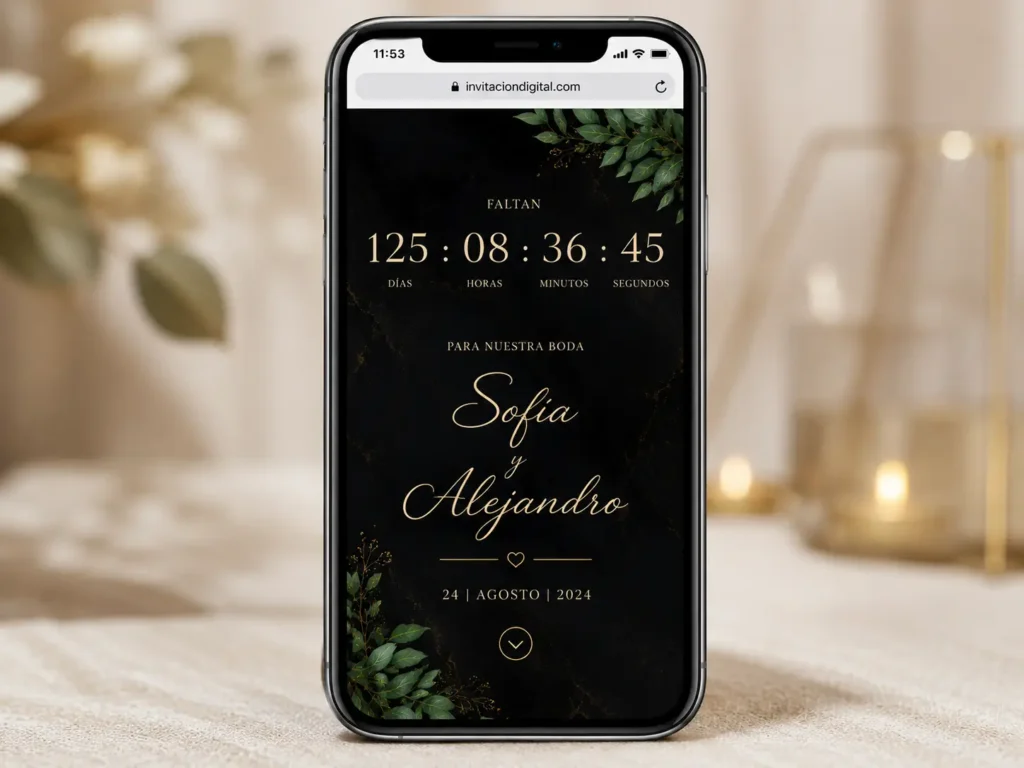 Ejemplo de una invitación digital de boda mostrando cuenta regresiva y nombres de los novios en un celular