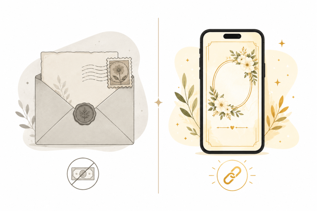 Comparación visual entre el costo de una invitación impresa y una invitación digital de boda