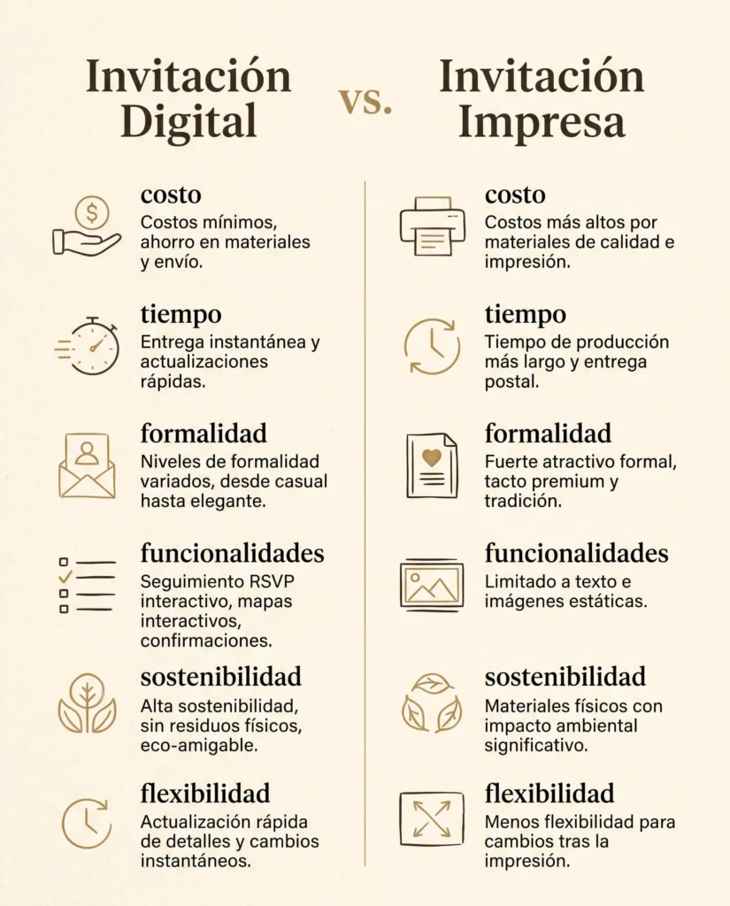 Invitación digital vs invitación impresa: tabla comparativa de costo, tiempo y formalidad