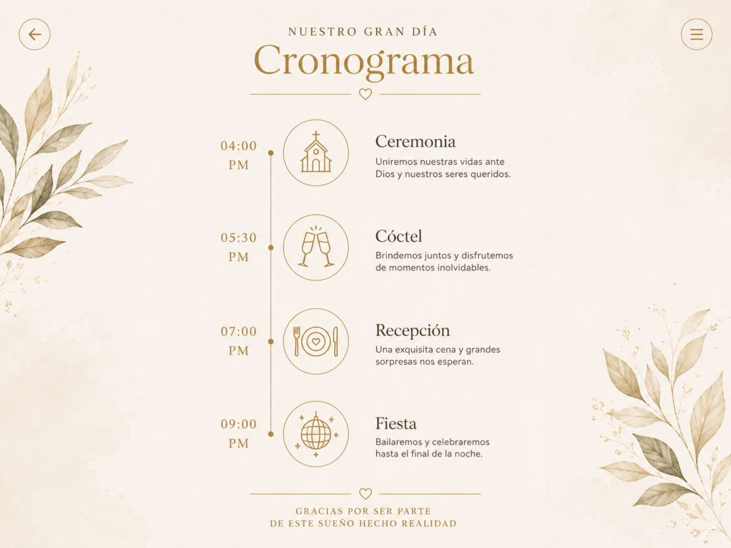 Ejemplo de cronograma del día dentro de una invitación digital de boda