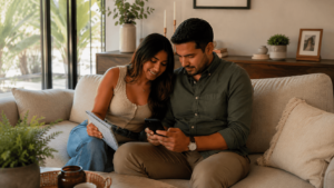 Cuándo enviar una invitación digital para una boda: pareja revisando el calendario