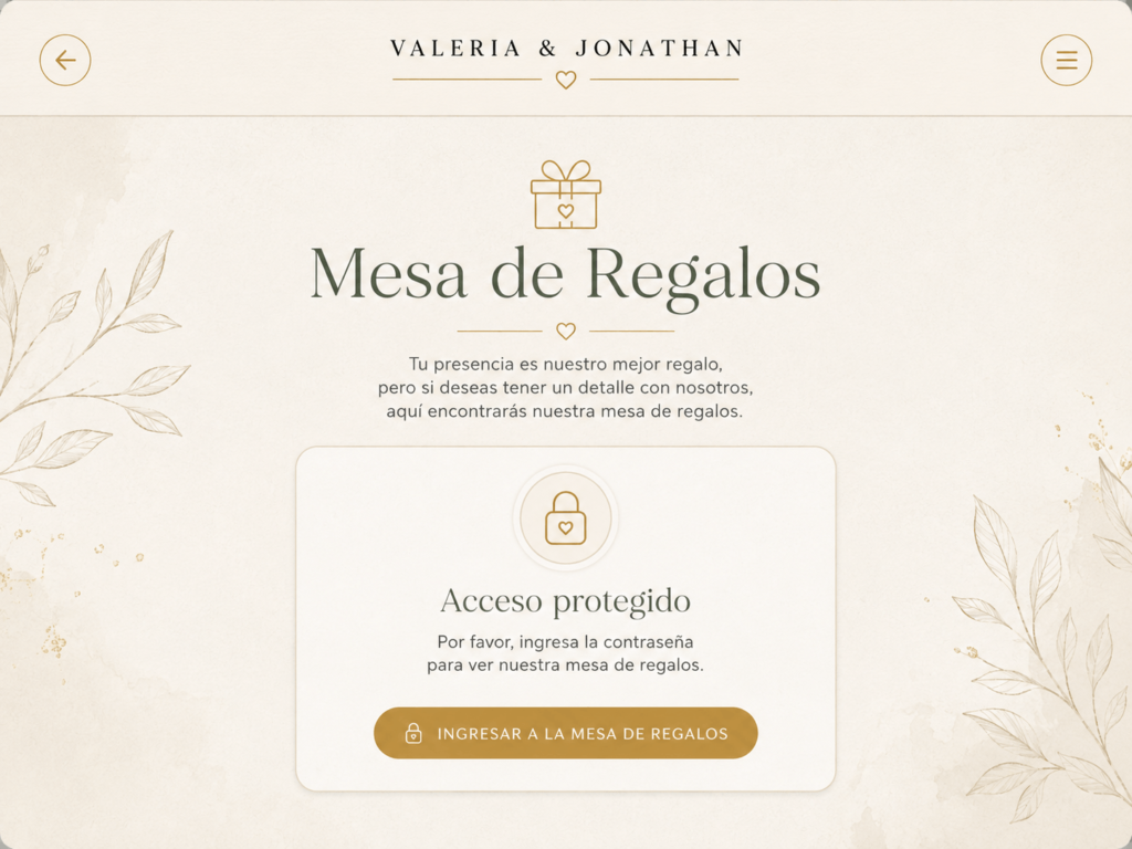 Ejemplo de sección de mesa de regalos en una invitación digital de boda