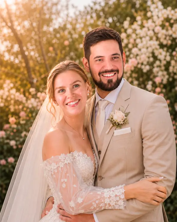 Pareja posando para una fotografía original utilizada para crear imágenes de boda con inteligencia artificial