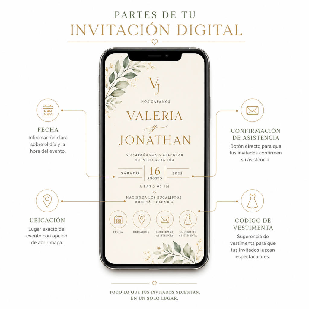 Elementos indispensables de una invitación digital para boda señalados en un mockup