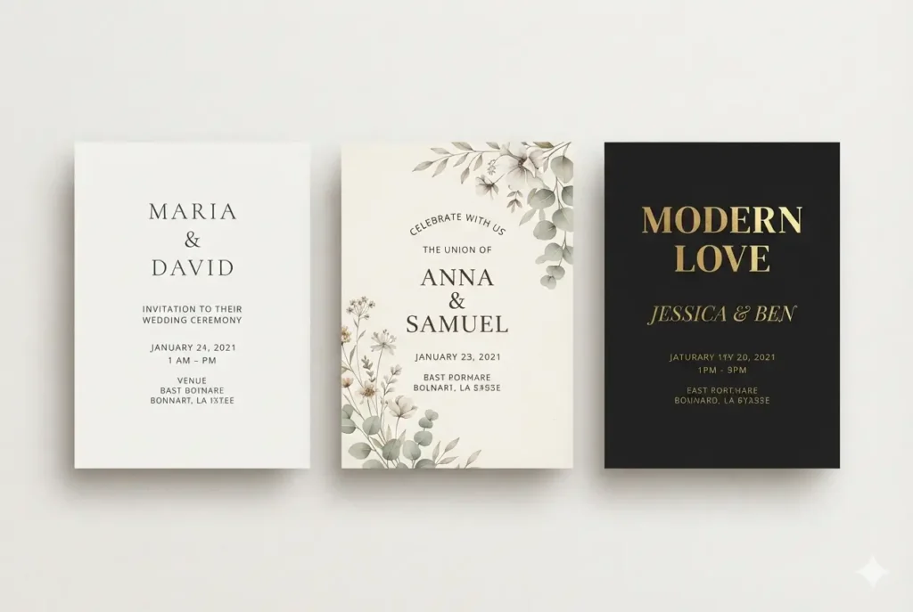 Tres estilos de diseño elegante para invitaciones digitales de boda