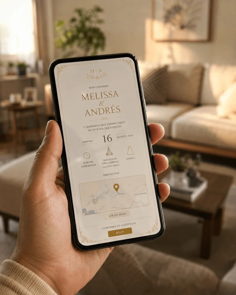 Invitación digital de boda abierta en un celular con mapa y confirmación de asistencia