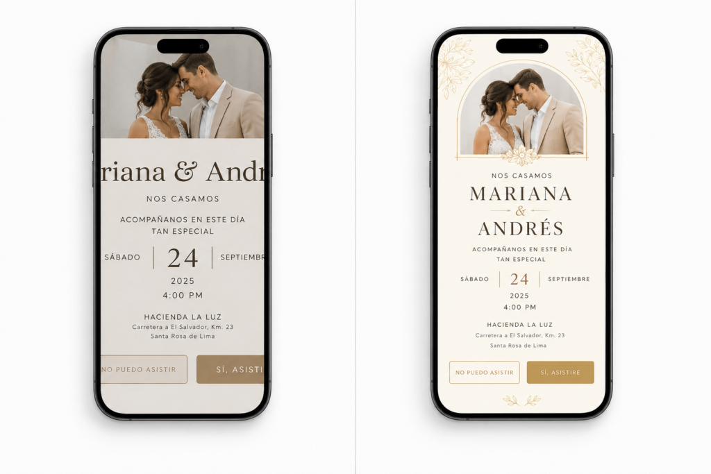 Errores al crear una invitación digital: comparación antes y después de optimizarla para celular