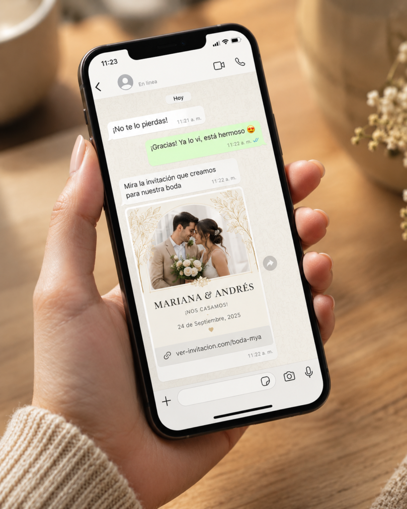 Invitación digital de boda compartida por WhatsApp con vista previa