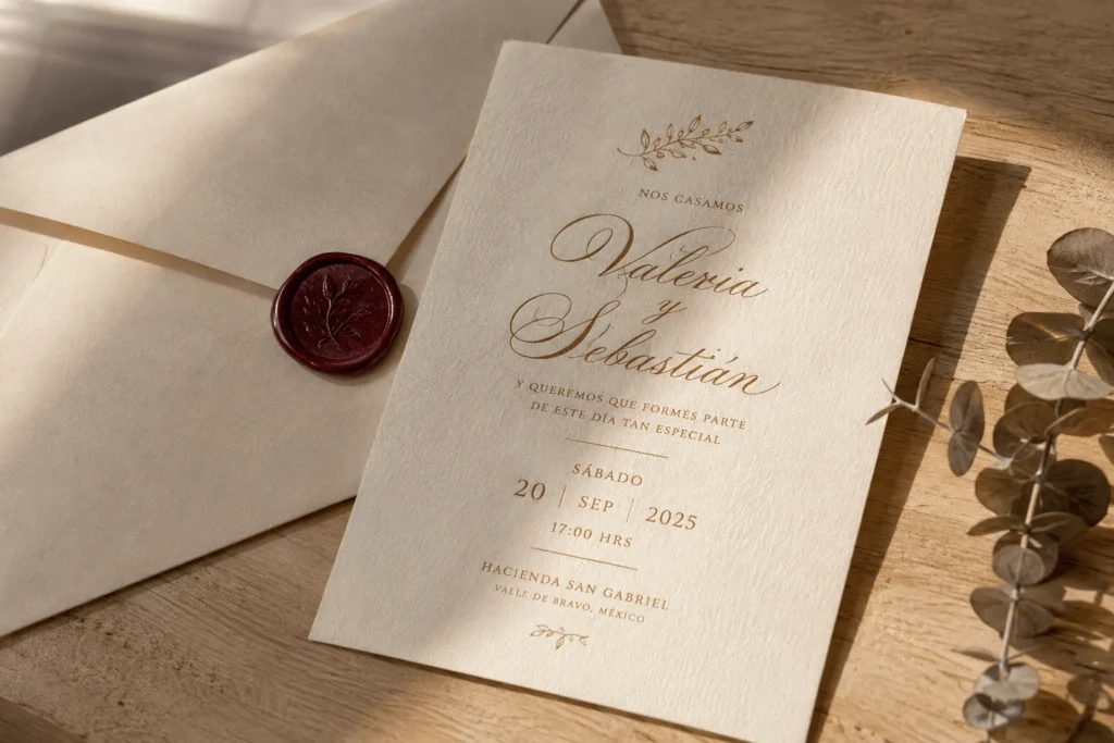 Invitación impresa de boda en papel fino con sello de cera y sobre elegante