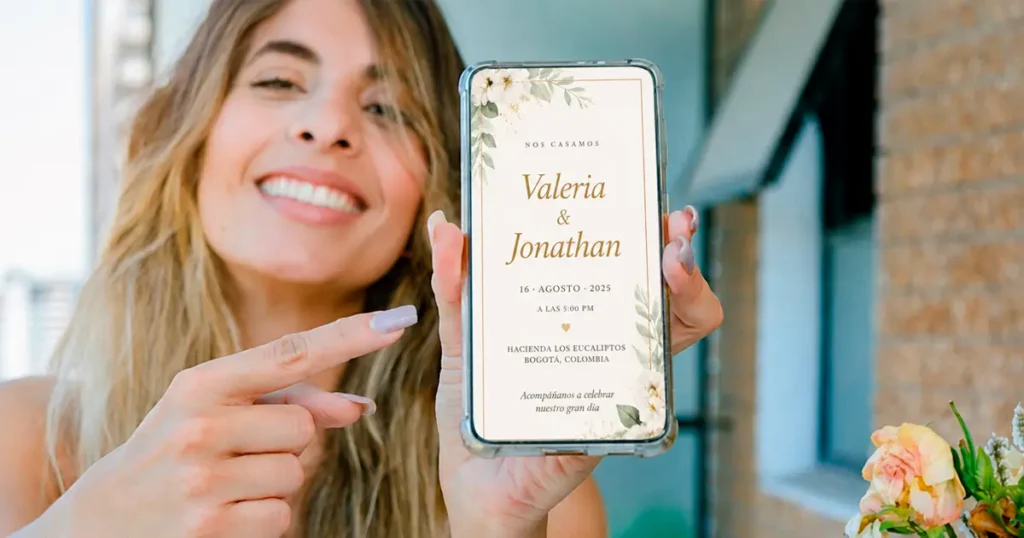 Invitación digital para boda mostrando elementos esenciales en pantalla de celular