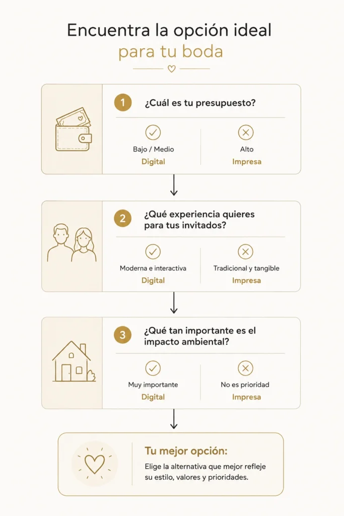 Diagrama de decisión con tres preguntas para elegir invitación digital o impresa