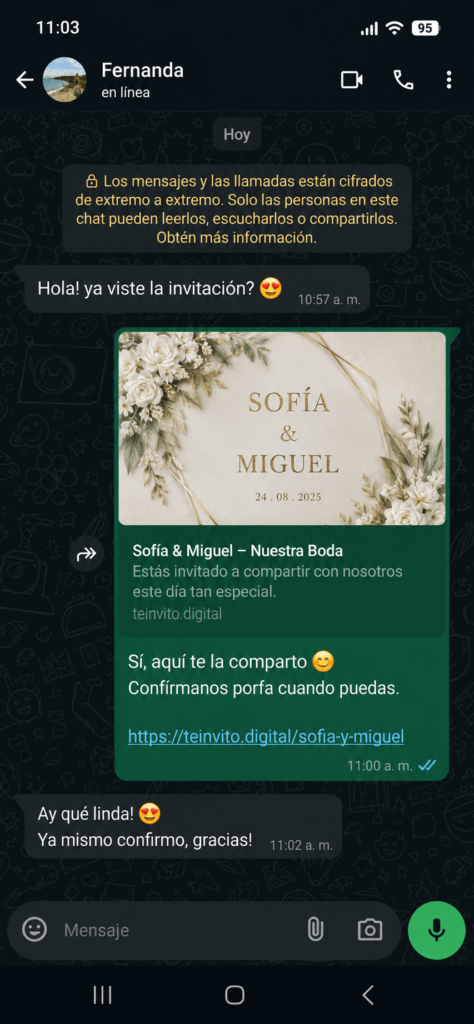 Vista previa de invitación digital dentro de un chat de WhatsApp