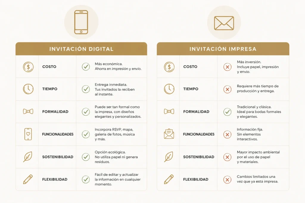 Checklist de ventajas y desventajas de invitación digital e impresa