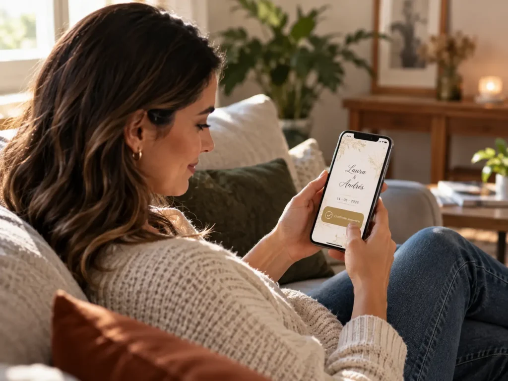 Persona abriendo un enlace de invitación digital de boda desde WhatsApp