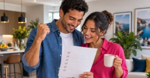 Pareja organizando la lista de invitados de su boda