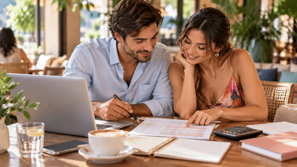 Pareja revisando el presupuesto y número de invitados de su boda
