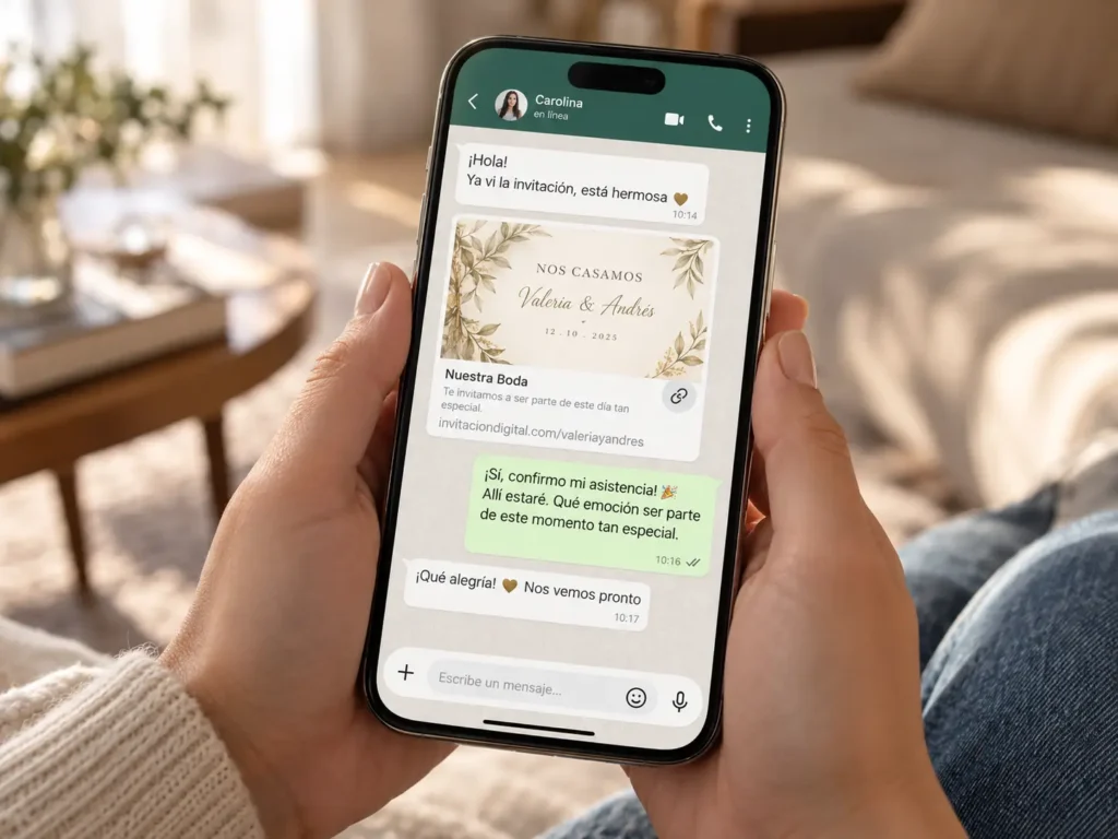 Persona confirmando un RSVP de boda por WhatsApp desde el celular