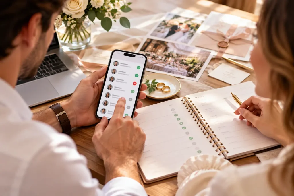 Confirmación de asistencia de invitados a una boda desde un smartphone