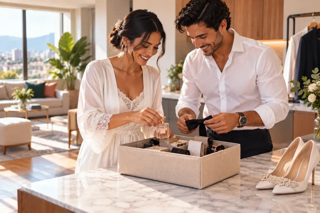 Pareja organizando los últimos preparativos de su boda